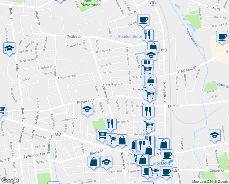 map of restaurants, bars, coffee shops, grocery stores, and more near 128 Prospect Street in Brockton