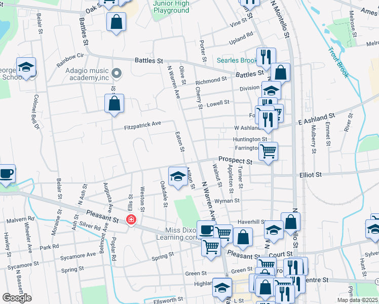 map of restaurants, bars, coffee shops, grocery stores, and more near 155 Prospect Street in Brockton