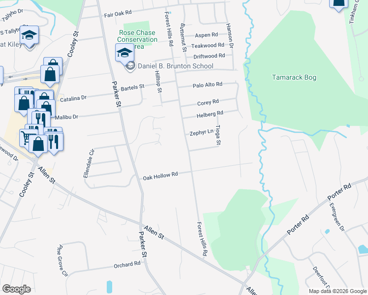 map of restaurants, bars, coffee shops, grocery stores, and more near 399 Forest Hills Road in Springfield