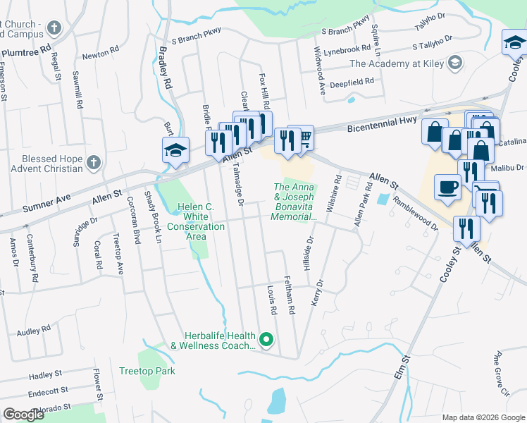 map of restaurants, bars, coffee shops, grocery stores, and more near 111 Talmadge Drive in Springfield