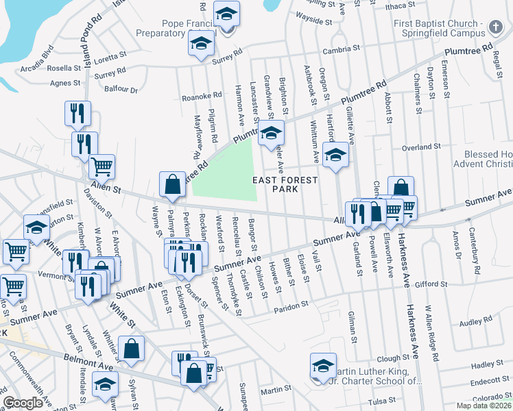 map of restaurants, bars, coffee shops, grocery stores, and more near 65 Bangor Street in Springfield