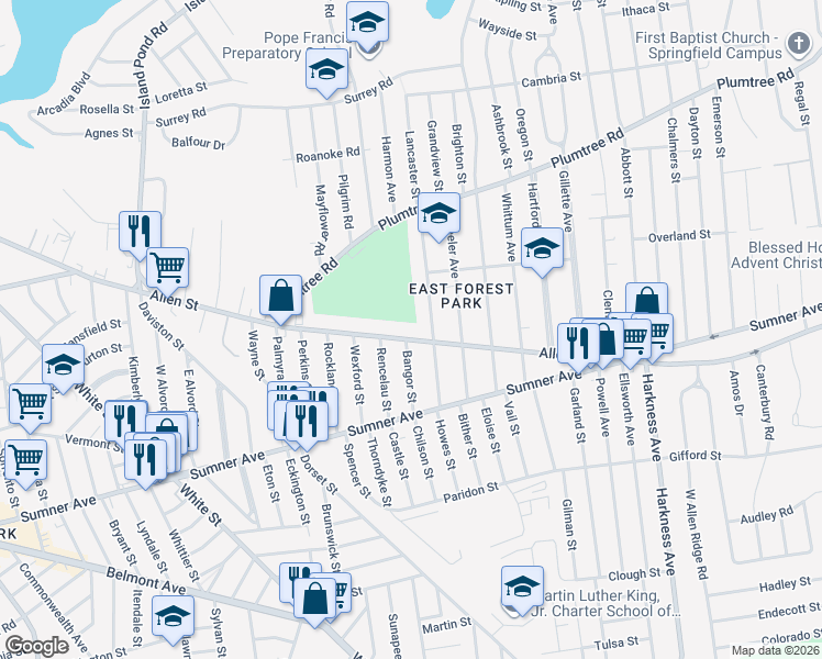 map of restaurants, bars, coffee shops, grocery stores, and more near 65 Bangor Street in Springfield