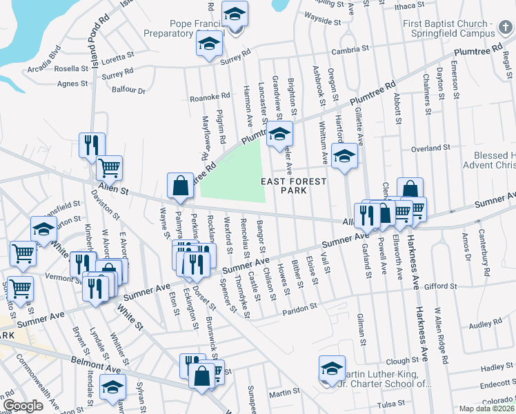 map of restaurants, bars, coffee shops, grocery stores, and more near 65 Bangor Street in Springfield