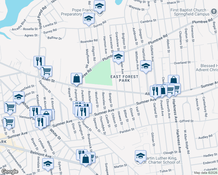 map of restaurants, bars, coffee shops, grocery stores, and more near 65 Bangor Street in Springfield