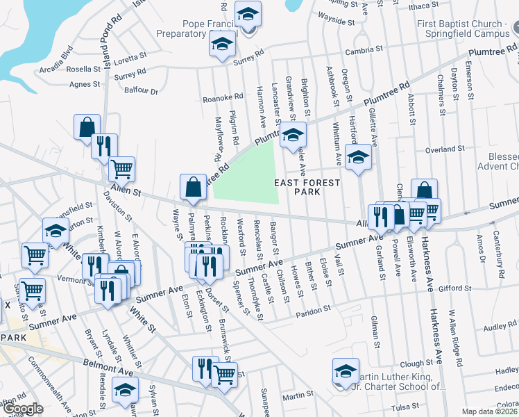 map of restaurants, bars, coffee shops, grocery stores, and more near 74 Rencelau Street in Springfield