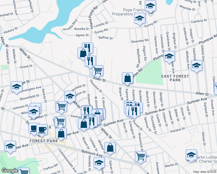 map of restaurants, bars, coffee shops, grocery stores, and more near 452 Allen St in Springfield