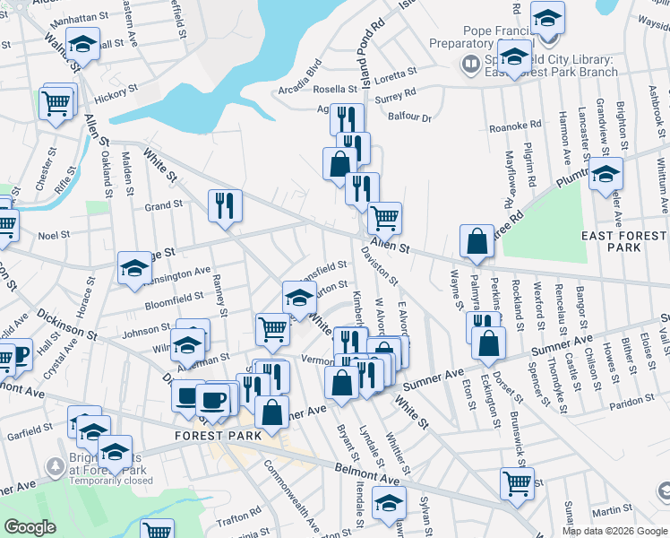 map of restaurants, bars, coffee shops, grocery stores, and more near 55 Burton Street in Springfield