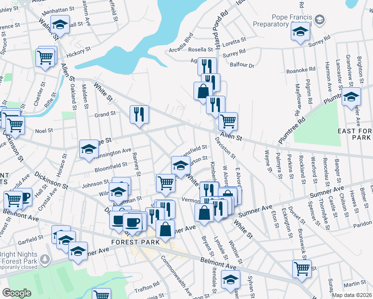 map of restaurants, bars, coffee shops, grocery stores, and more near 17-19 Mansfield Street in Springfield