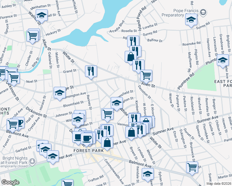 map of restaurants, bars, coffee shops, grocery stores, and more near 17-19 Mansfield Street in Springfield