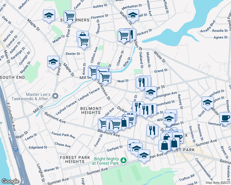 map of restaurants, bars, coffee shops, grocery stores, and more near 95 Dickinson Street in Springfield