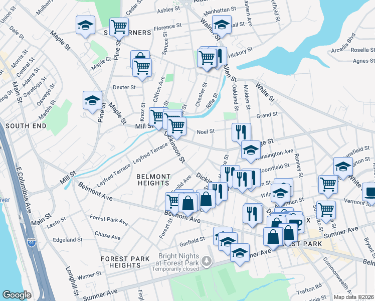 map of restaurants, bars, coffee shops, grocery stores, and more near 95 Dickinson Street in Springfield