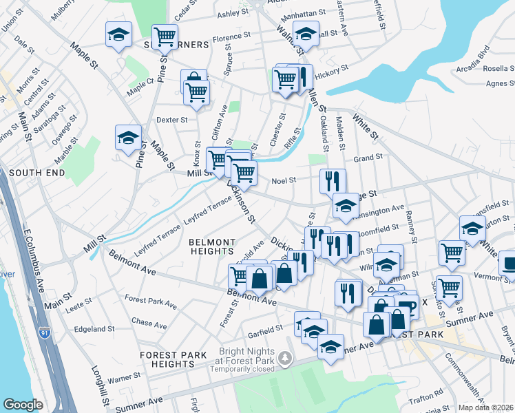 map of restaurants, bars, coffee shops, grocery stores, and more near 95 Dickinson Street in Springfield