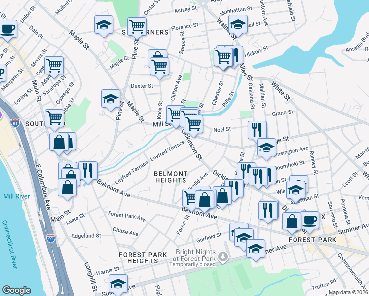 map of restaurants, bars, coffee shops, grocery stores, and more near 129 Bellevue Avenue in Springfield