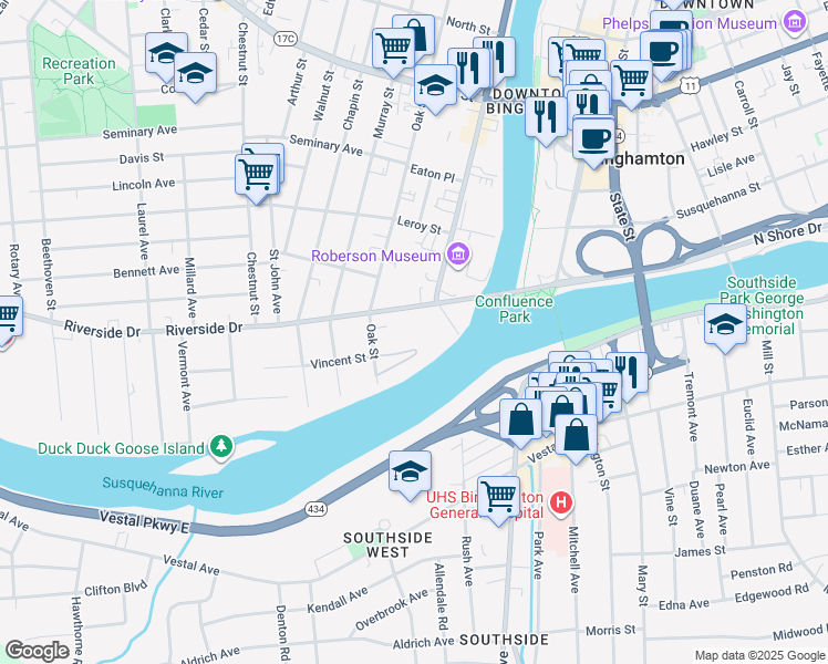 map of restaurants, bars, coffee shops, grocery stores, and more near 4 Oak Street in Binghamton