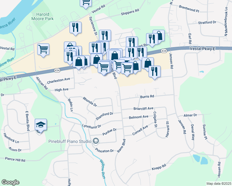 map of restaurants, bars, coffee shops, grocery stores, and more near 333 Fordham Road in Vestal