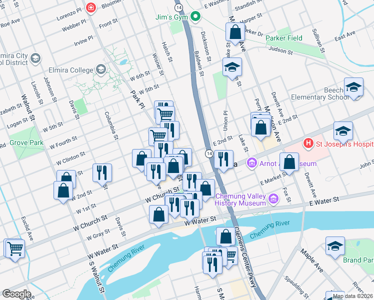 map of restaurants, bars, coffee shops, grocery stores, and more near 101 West 2nd Street in Elmira