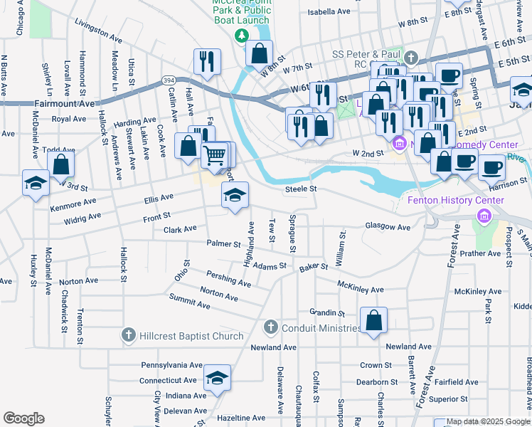 map of restaurants, bars, coffee shops, grocery stores, and more near 21 Highland Avenue in Jamestown
