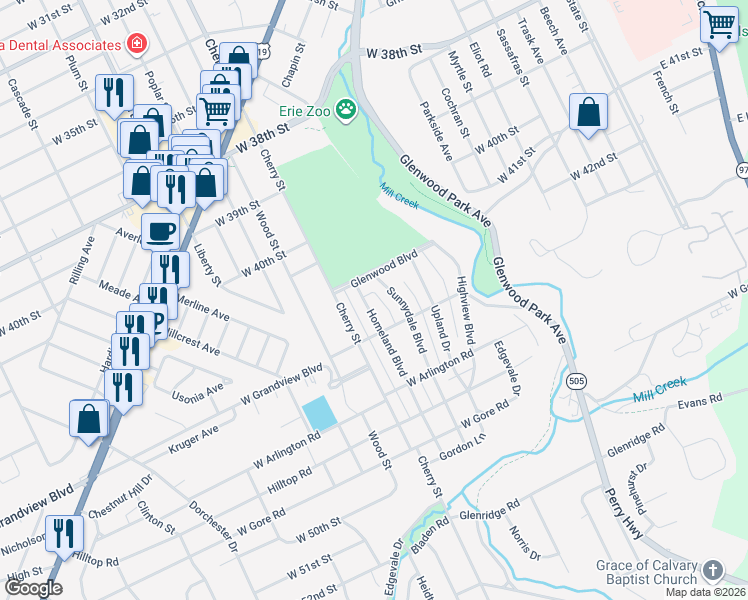 map of restaurants, bars, coffee shops, grocery stores, and more near 4507 Cherry Street in Erie