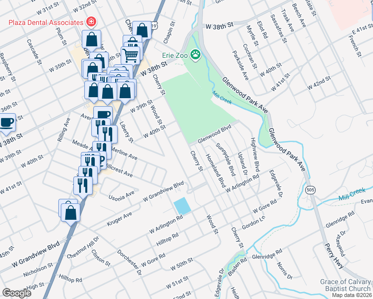 map of restaurants, bars, coffee shops, grocery stores, and more near 4415 Wood Street in Erie