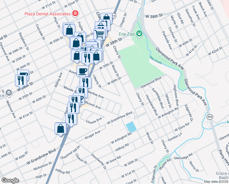map of restaurants, bars, coffee shops, grocery stores, and more near 320 Merline Ave in Erie