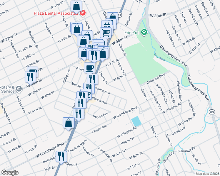 map of restaurants, bars, coffee shops, grocery stores, and more near 207 Merline Ave in Erie