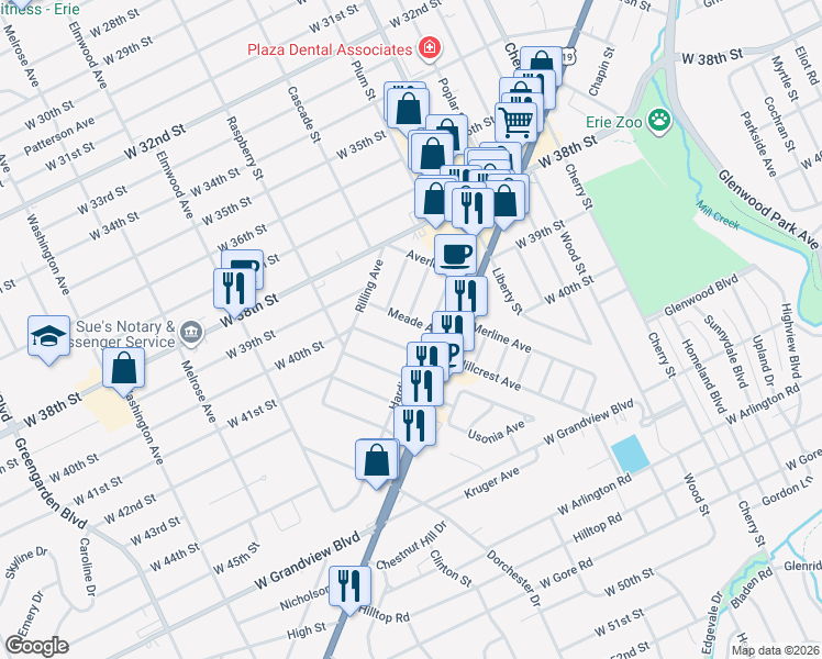 map of restaurants, bars, coffee shops, grocery stores, and more near 115 Belmont Avenue in Erie