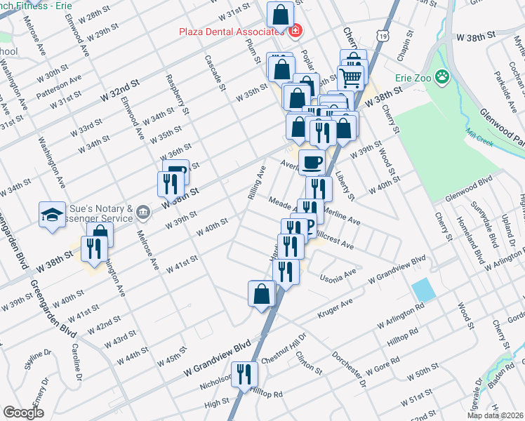 map of restaurants, bars, coffee shops, grocery stores, and more near 150 Brighton Avenue in Erie