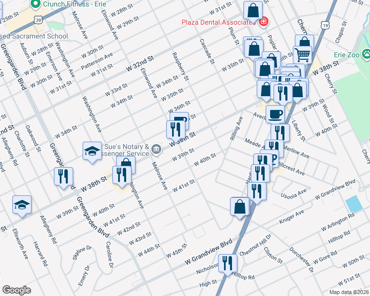 map of restaurants, bars, coffee shops, grocery stores, and more near 3900-3912 Elmwood Avenue in Erie