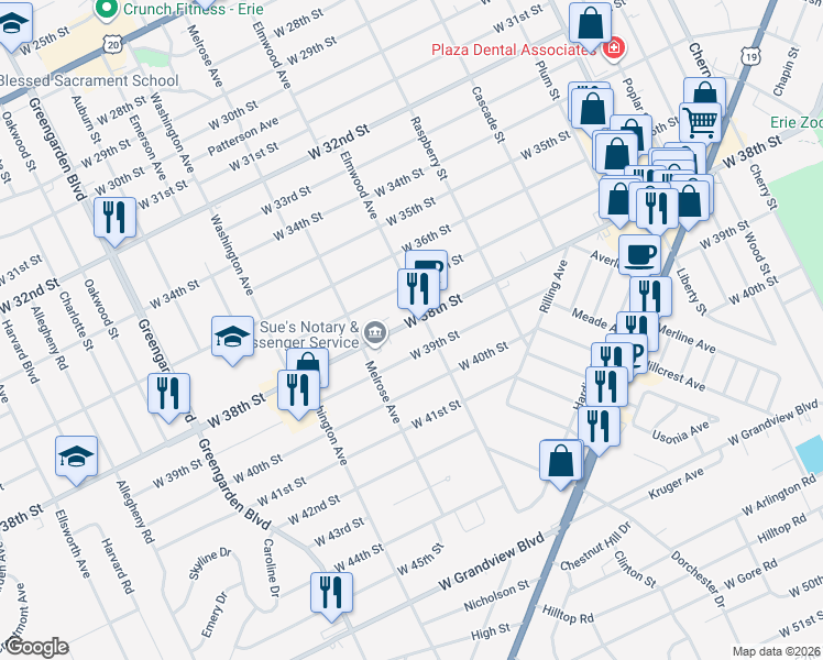 map of restaurants, bars, coffee shops, grocery stores, and more near 1338 West 39th Street in Erie