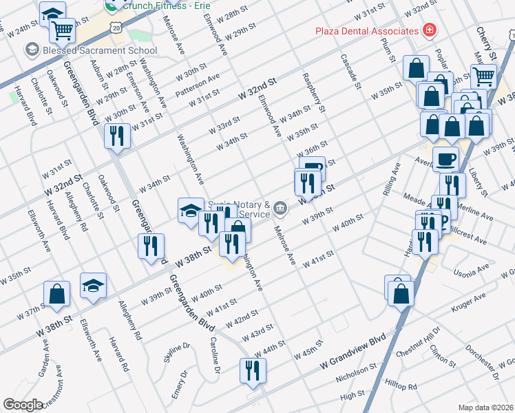 map of restaurants, bars, coffee shops, grocery stores, and more near in Erie