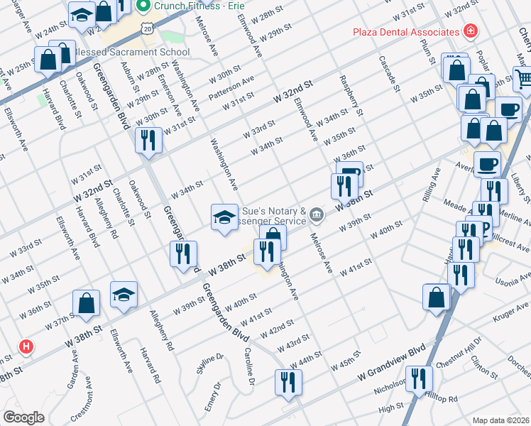 map of restaurants, bars, coffee shops, grocery stores, and more near 3701-3711 Washington Avenue in Erie