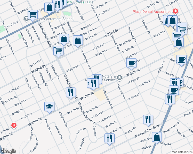map of restaurants, bars, coffee shops, grocery stores, and more near 3701-3711 Washington Avenue in Erie