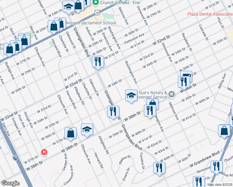 map of restaurants, bars, coffee shops, grocery stores, and more near 3511 Greengarden Blvd in Erie
