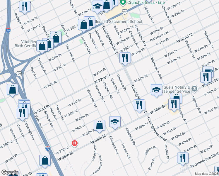 map of restaurants, bars, coffee shops, grocery stores, and more near 3324 Allegheny Road in Erie