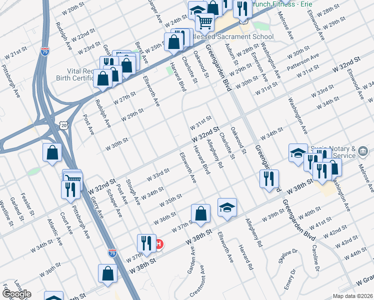 map of restaurants, bars, coffee shops, grocery stores, and more near in Erie