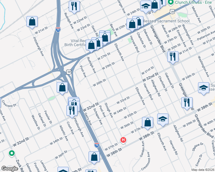 map of restaurants, bars, coffee shops, grocery stores, and more near 3109 Rudolph Ave in Erie