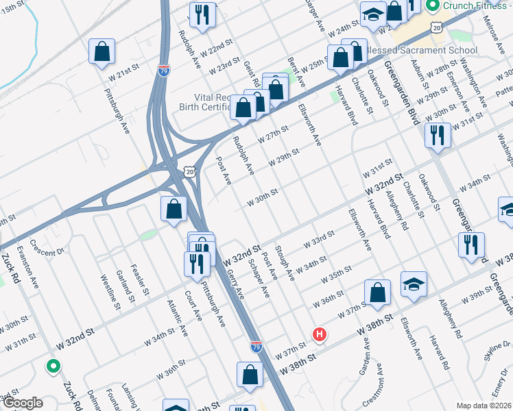 map of restaurants, bars, coffee shops, grocery stores, and more near 3021 Post Avenue in Erie