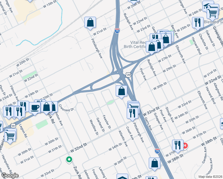 map of restaurants, bars, coffee shops, grocery stores, and more near 2817 Court Avenue in Erie