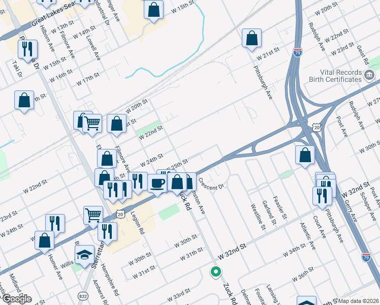 map of restaurants, bars, coffee shops, grocery stores, and more near 2575 West 25th Street in Erie