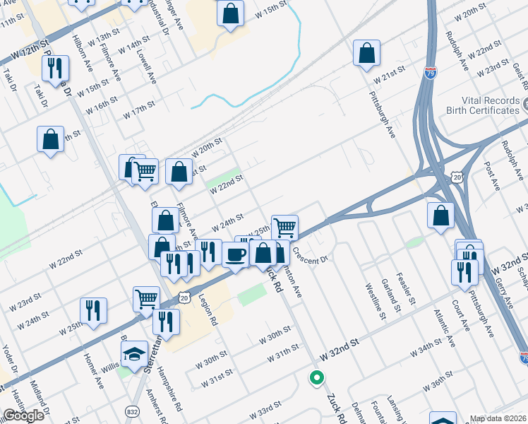 map of restaurants, bars, coffee shops, grocery stores, and more near 2575 West 25th Street in Erie