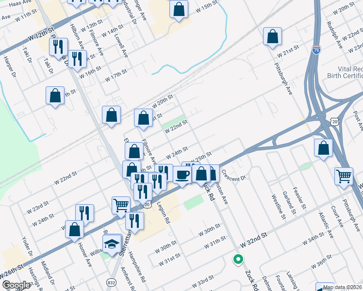 map of restaurants, bars, coffee shops, grocery stores, and more near 2405 Lowell Avenue in Erie