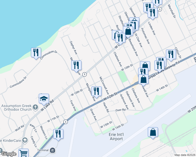 map of restaurants, bars, coffee shops, grocery stores, and more near 4030 West 10th Street in Erie