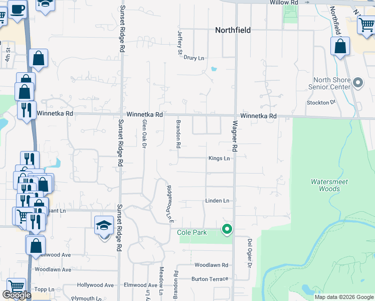 map of restaurants, bars, coffee shops, grocery stores, and more near 1027 Kings Lane in Glenview