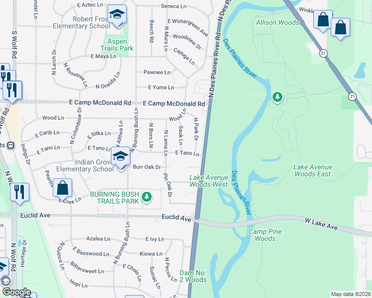 map of restaurants, bars, coffee shops, grocery stores, and more near 2015 East Tano Lane in Mount Prospect