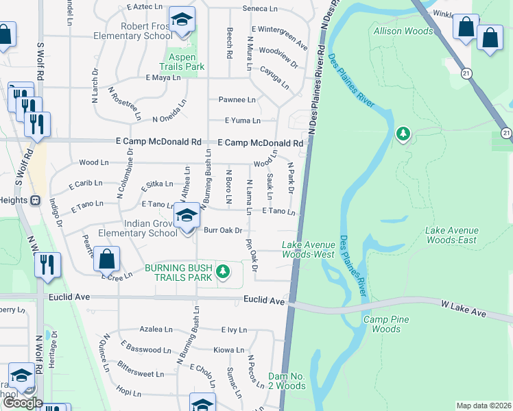 map of restaurants, bars, coffee shops, grocery stores, and more near 2005 East Tano Lane in Mount Prospect