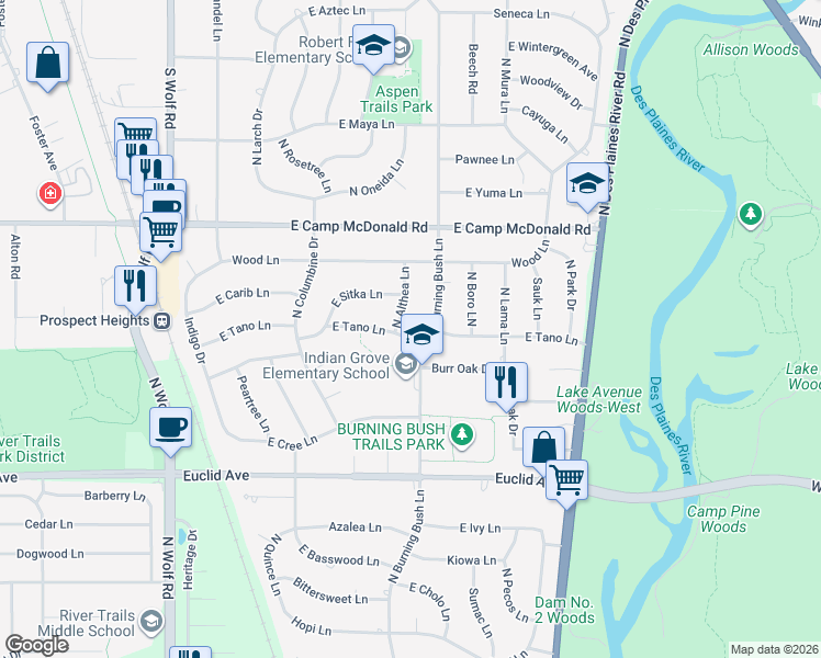 map of restaurants, bars, coffee shops, grocery stores, and more near 1831 East Tano Lane in Mount Prospect