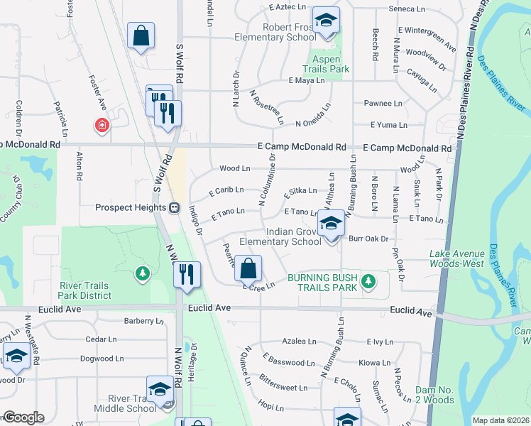 map of restaurants, bars, coffee shops, grocery stores, and more near 1334 North Columbine Drive in Mount Prospect