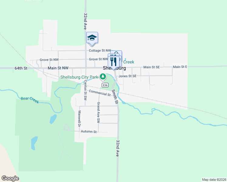 map of restaurants, bars, coffee shops, grocery stores, and more near County Trunk Highway W26 in Shellsburg