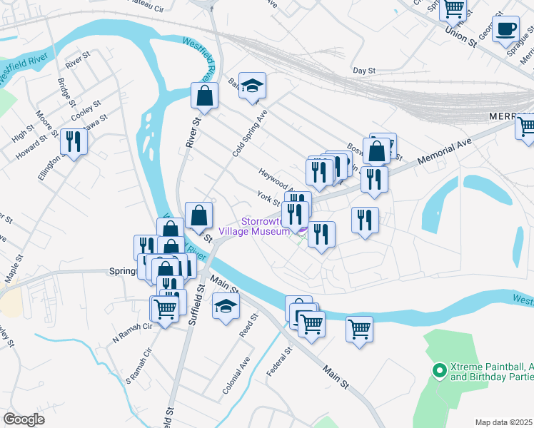 map of restaurants, bars, coffee shops, grocery stores, and more near 1540 Memorial Avenue in West Springfield