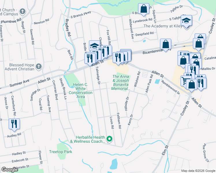 map of restaurants, bars, coffee shops, grocery stores, and more near 111 Talmadge Drive in Springfield